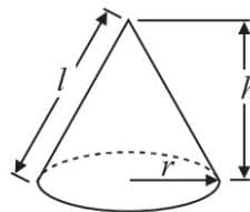 Diagram of a cone showing slant height l, height h, and radius r.