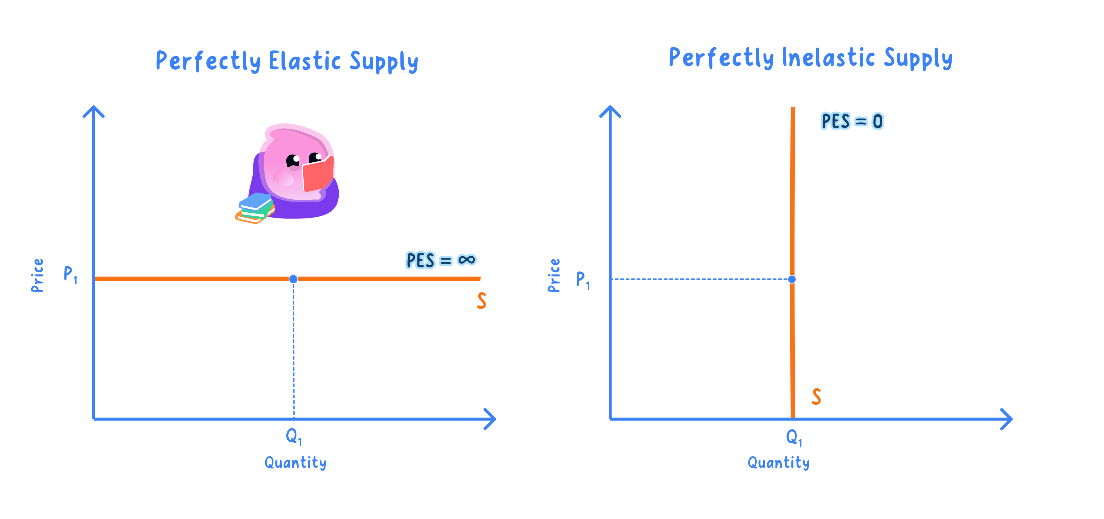 Supply curves of differing steepness illustrating price inelastic and price elastic supply.
