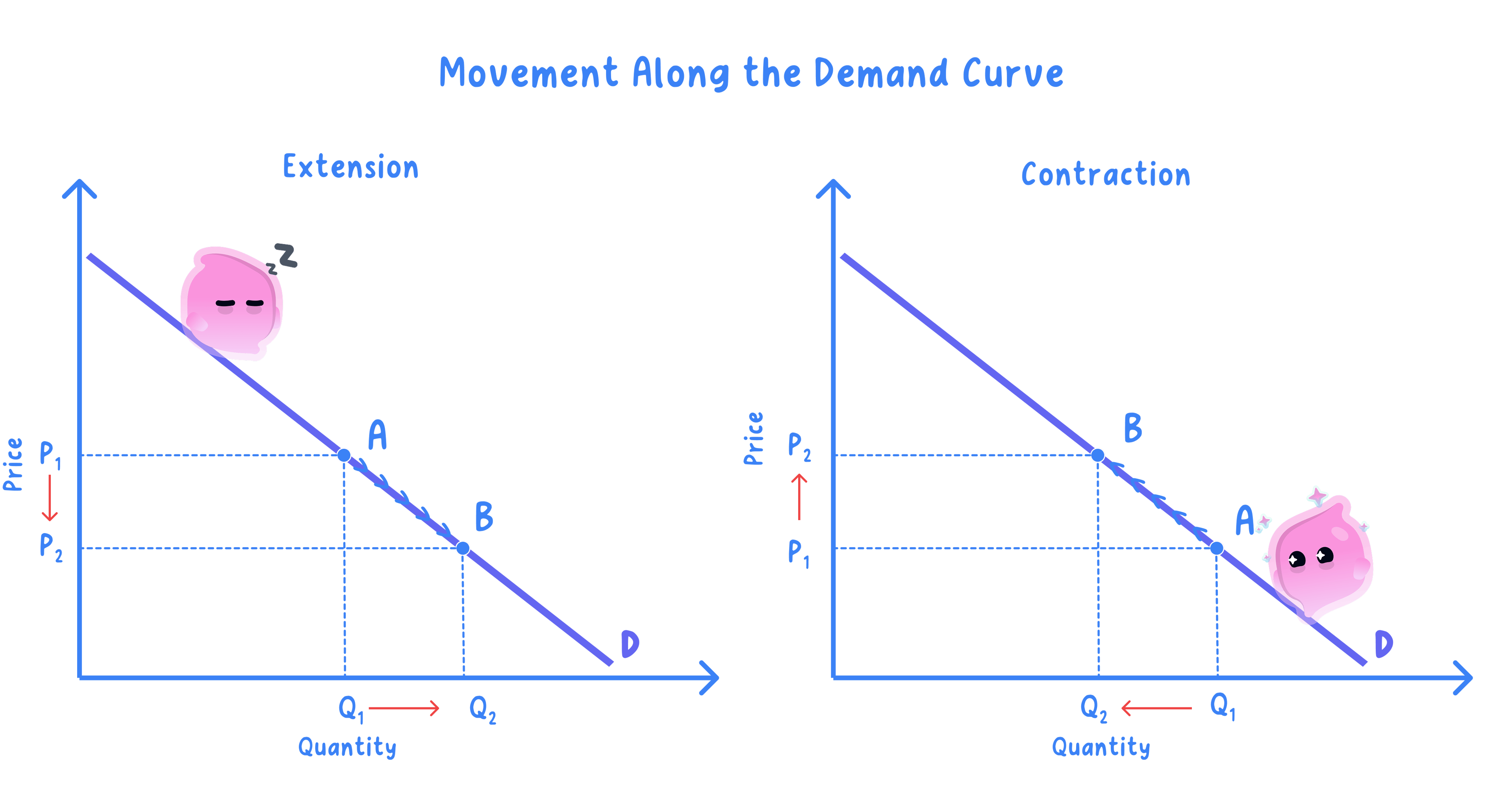 Two diagrams side by side: an extension, where a fall in price from P1 to P2 slides the point from A down the curve to B and quantity rises from Q1 to Q2, and a contraction, where a rise in price slides the point from A up the curve to B and quantity falls from Q1 to Q2.