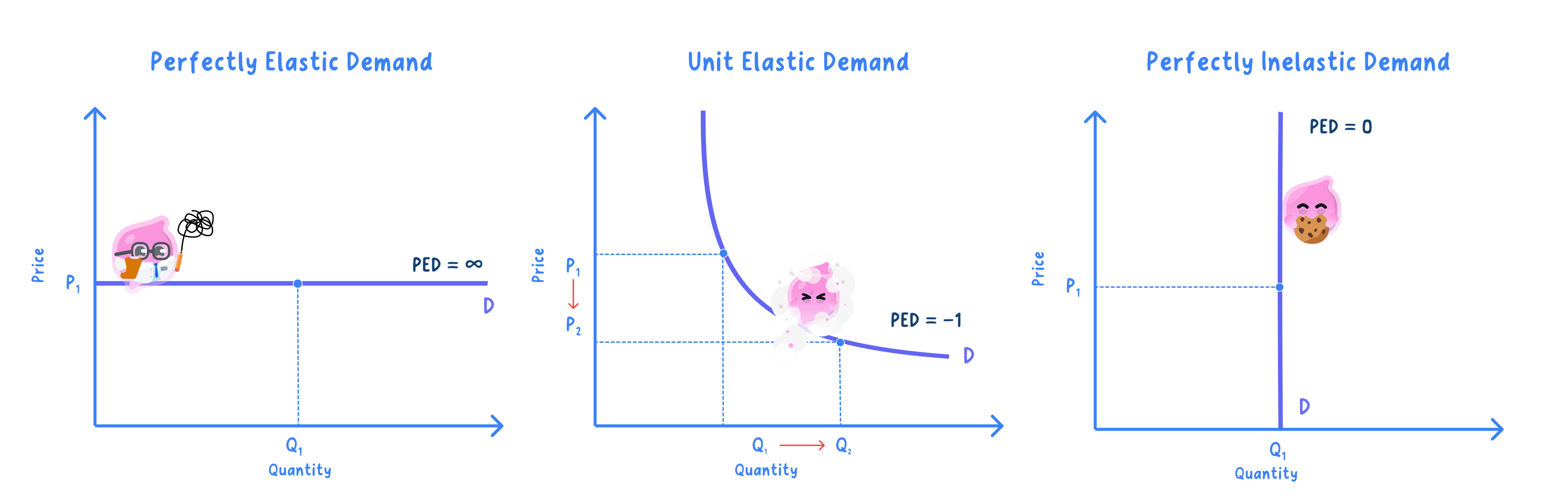 Three diagrams side by side: a horizontal demand curve labelled perfectly elastic demand with PED equal to infinity, a curved demand curve labelled unit elastic demand with PED equal to minus 1, and a vertical demand curve labelled perfectly inelastic demand with PED equal to 0.