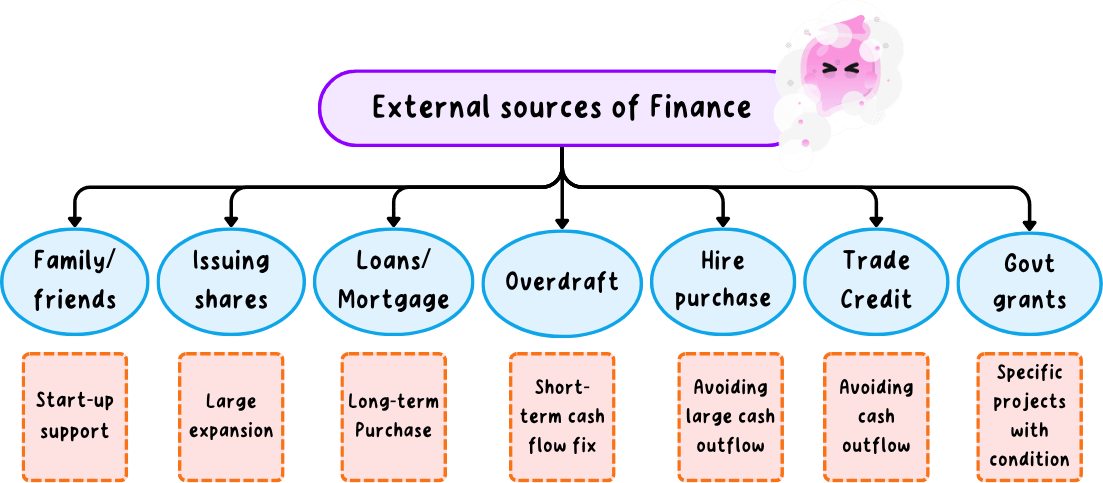 The seven external sources of finance branching from one heading, family and friends, issuing shares, loans and mortgages, overdraft, hire purchase, trade credit and government grants, each with the need it suits.