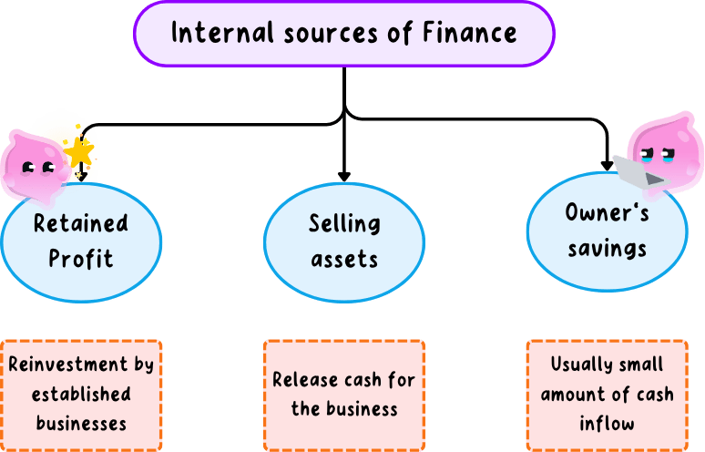 The three internal sources of finance branching from one heading, retained profit, selling assets and owner's savings, each with the situation it fits.