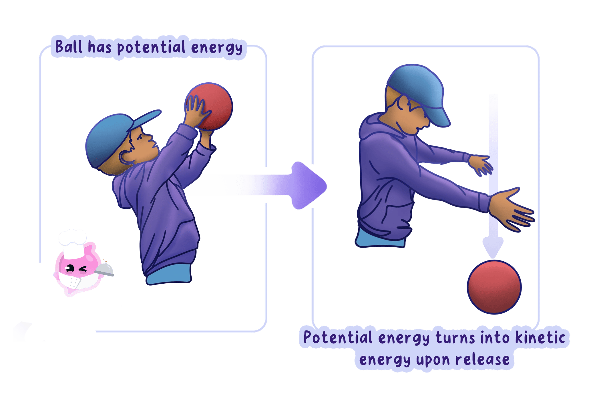 A two-panel diagram showing a person holding a ball high (potential energy) and then releasing it (potential energy turning into kinetic energy as it falls).