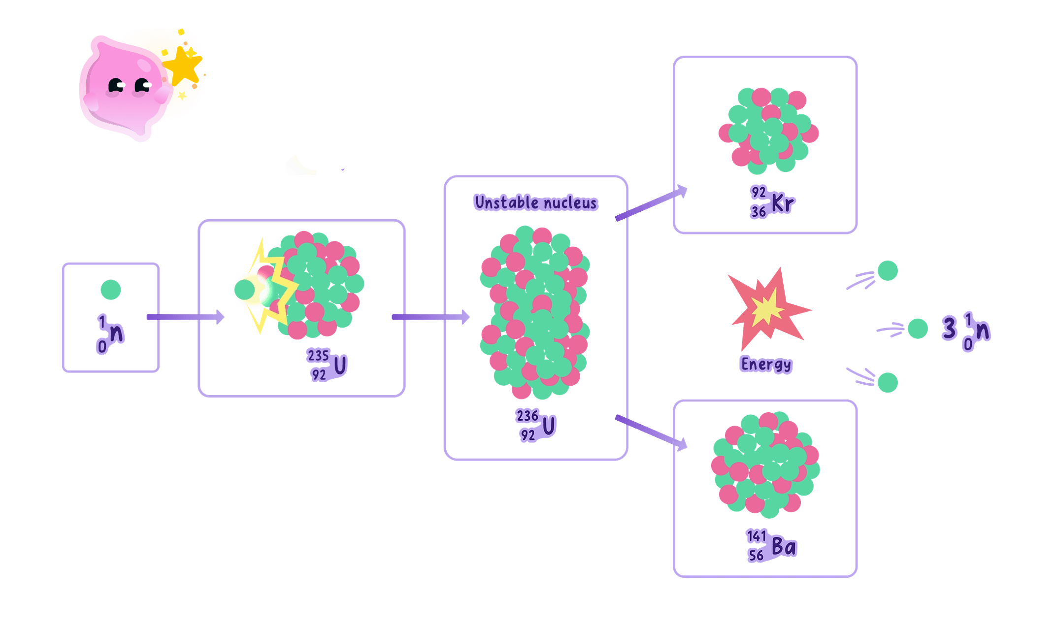 A diagram showing the induced fission of a uranium-235 nucleus. A neutron is absorbed by the nucleus, forming an unstable uranium-236 nucleus which then splits into two smaller daughter nuclei (krypton-92 and barium-141), releasing energy and three additional neutrons.