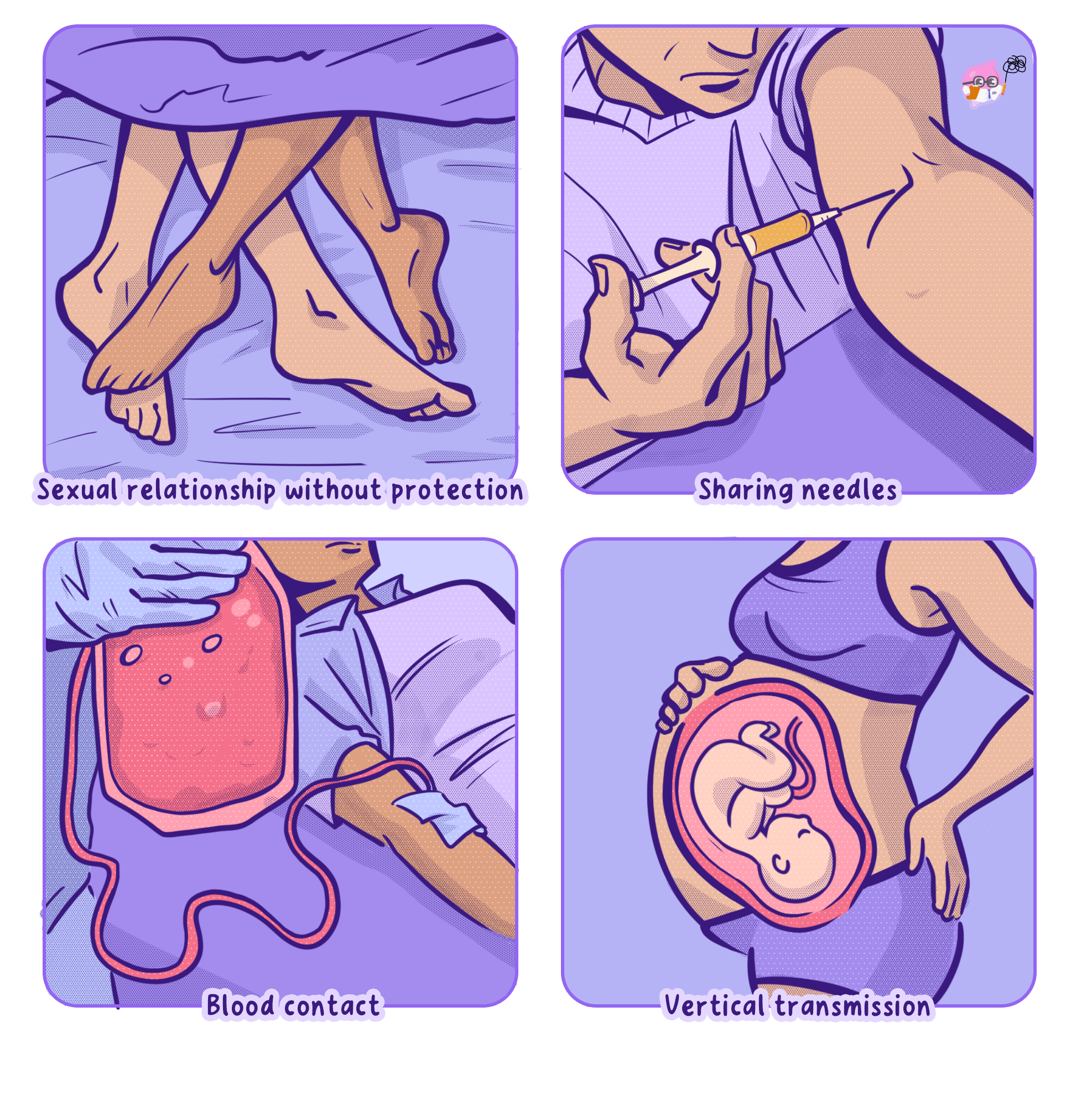 Routes of HIV transmission through sexual contact, shared needles, infected blood and transmission from mother to baby.
