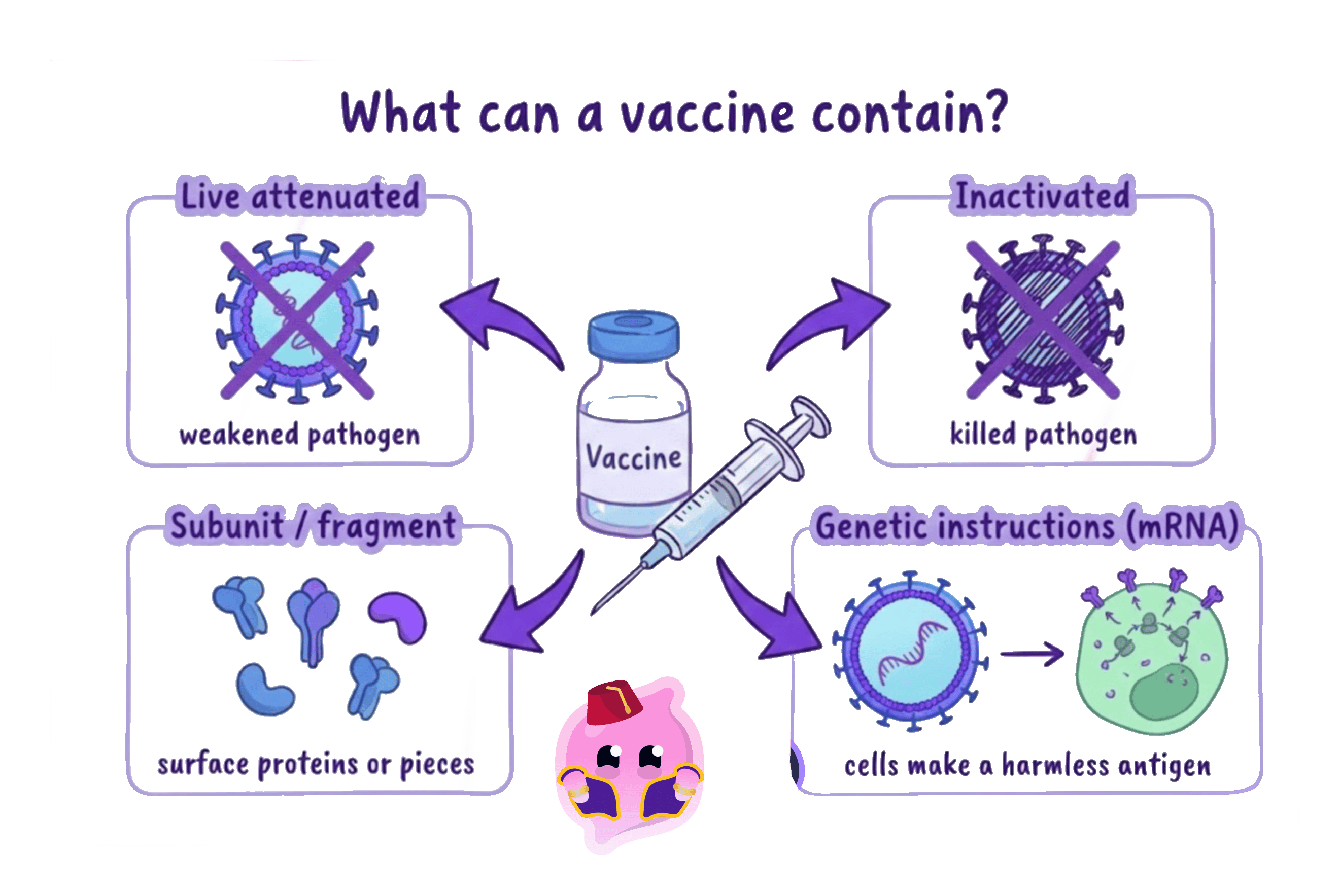 A diagram showing four different types of vaccine components: live attenuated (weakened pathogen), inactivated (killed pathogen), subunit/fragment (surface proteins), and genetic instructions (mRNA) which tell cells to make a harmless antigen.