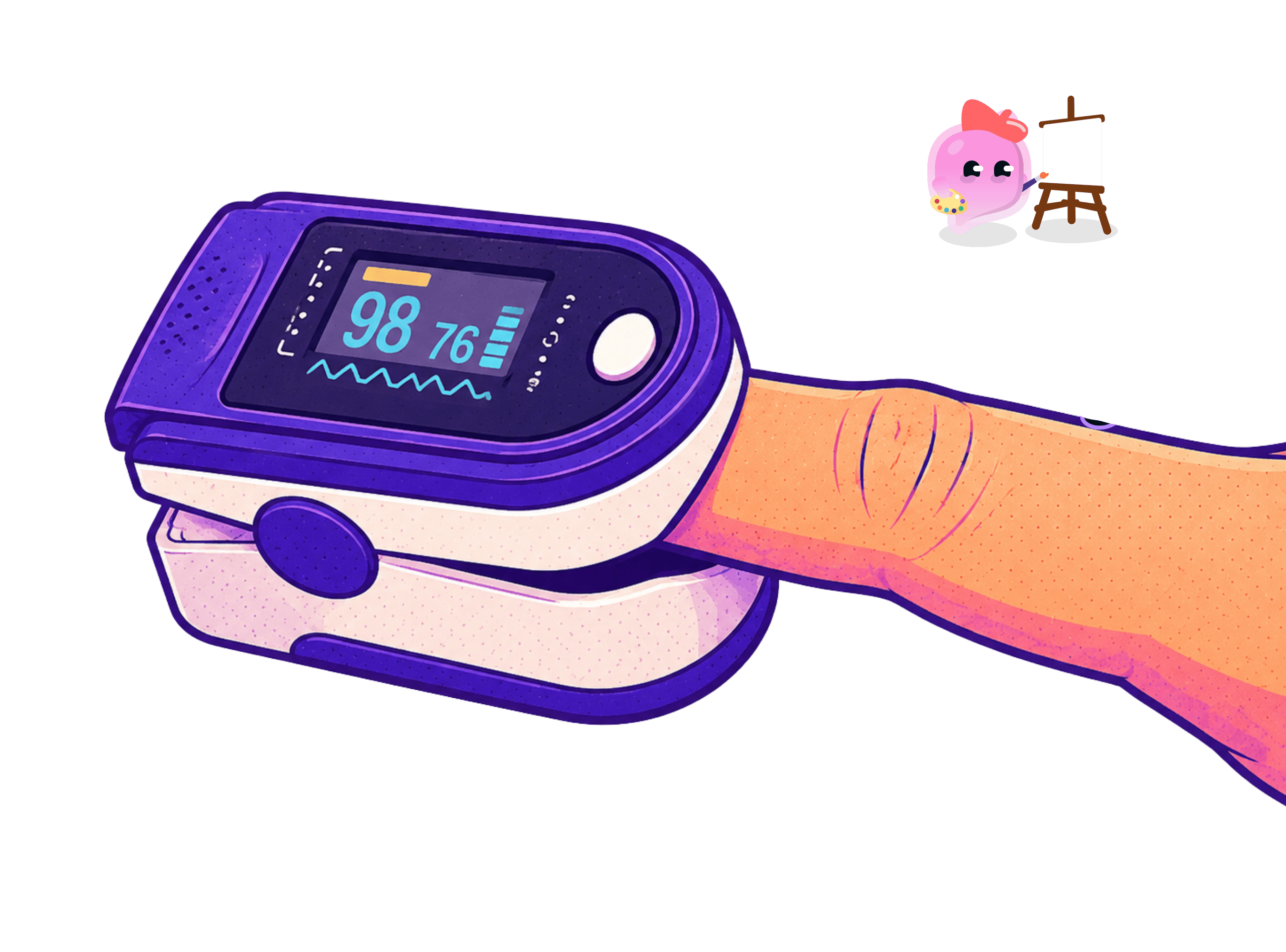 A pulse oximeter showing a heart rate of 76 beats per minute (bpm).
