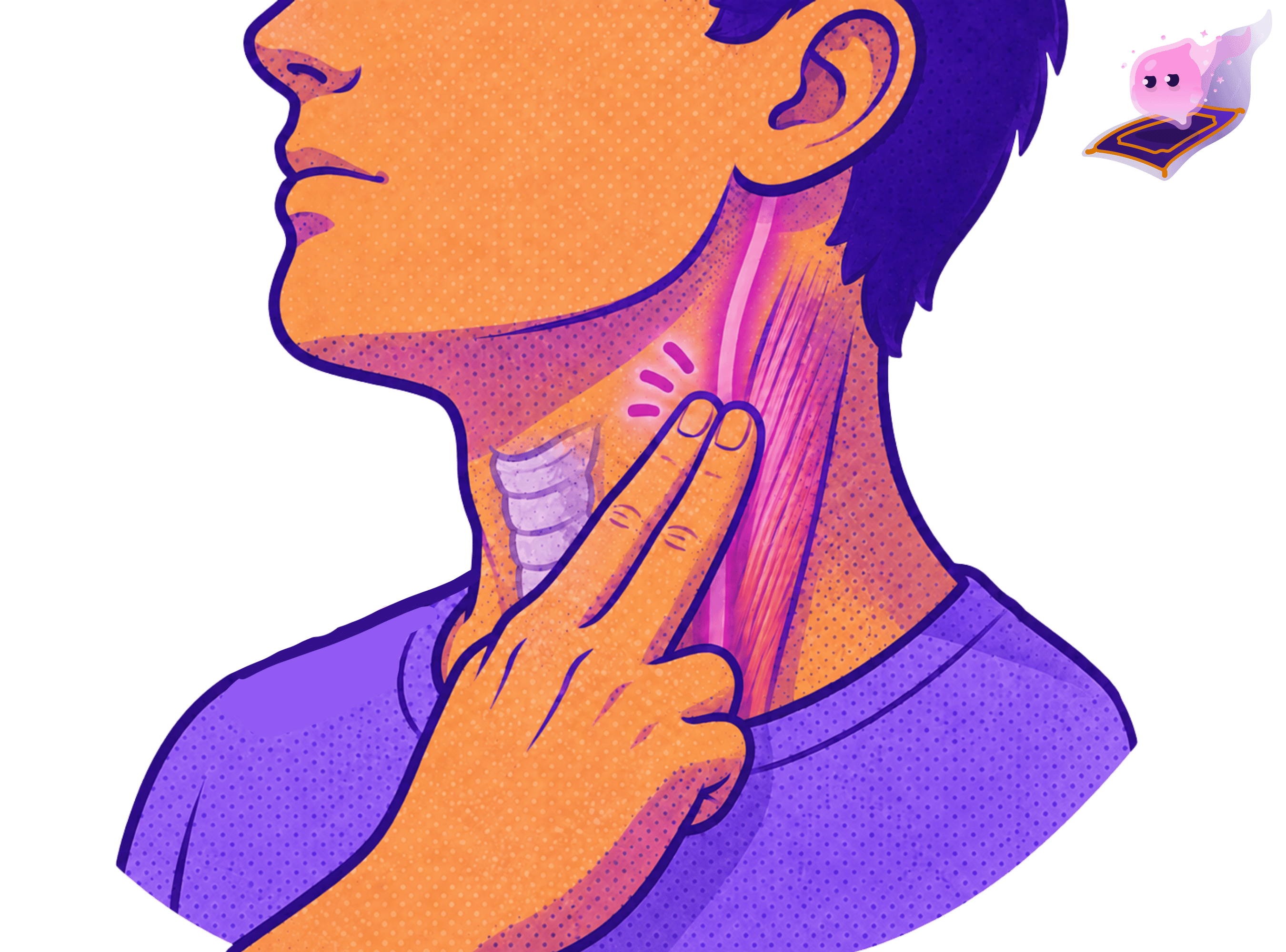 A diagram showing how to measure a carotid pulse by placing two fingers on the side of the neck, next to the windpipe (trachea), where the carotid artery is located.