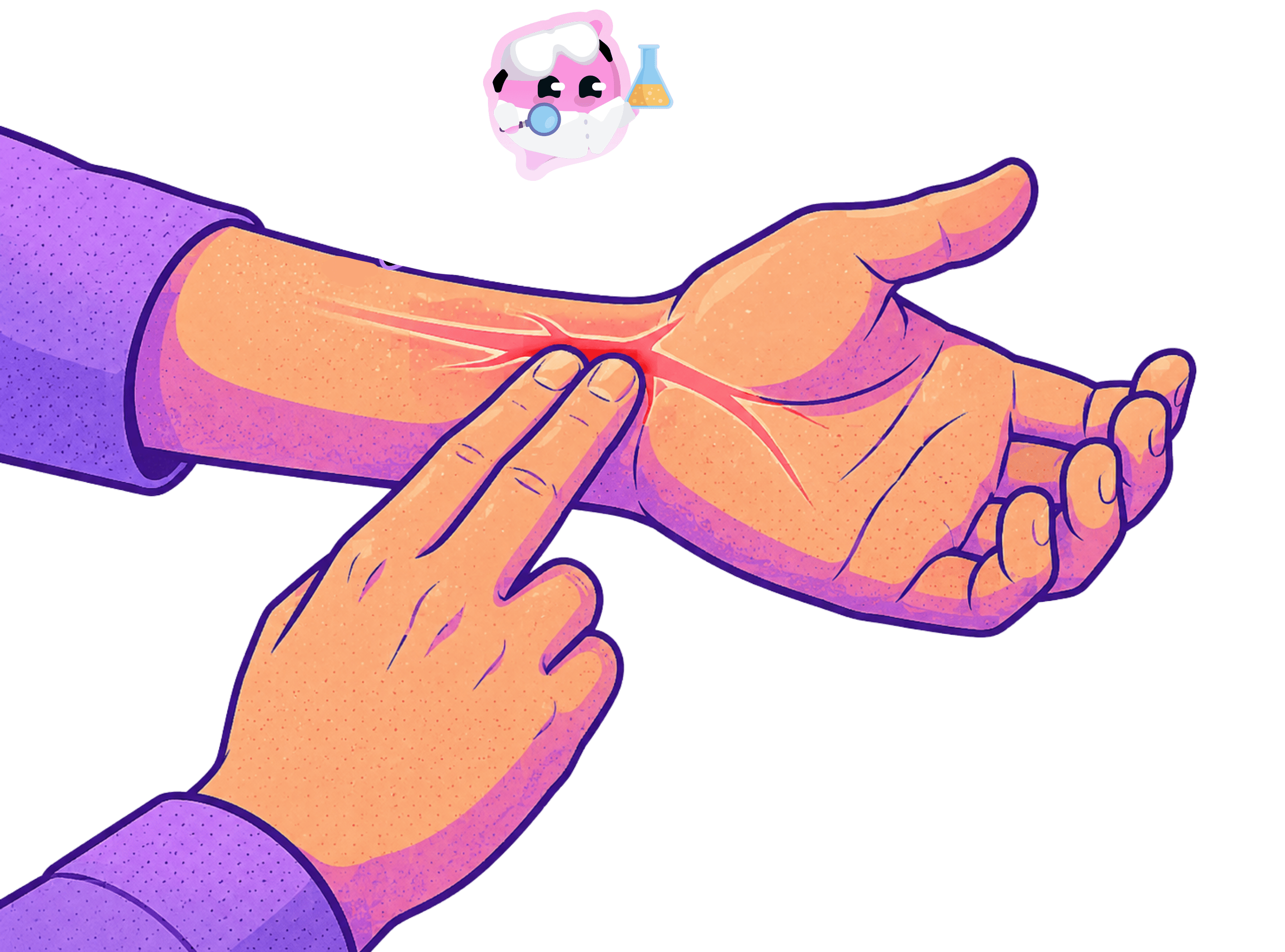 A diagram showing how to measure the radial pulse by placing two fingers on the inside of the wrist, where the radial artery is located.