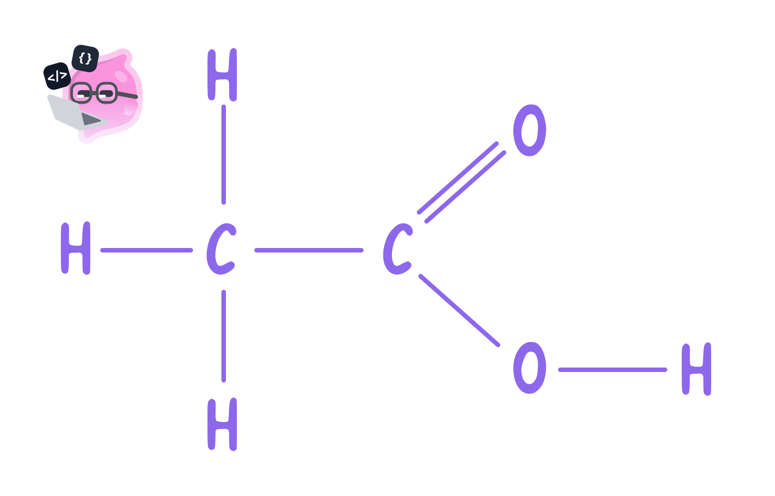 The full structural formula of ethanoic acid, showing the methyl group (CH3) bonded to the carboxyl group (COOH).