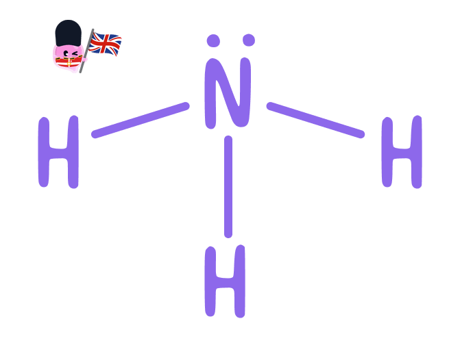A Lewis structure of an ammonia molecule (NH3), showing a central nitrogen atom with one lone pair of electrons and three single covalent bonds to hydrogen atoms.
