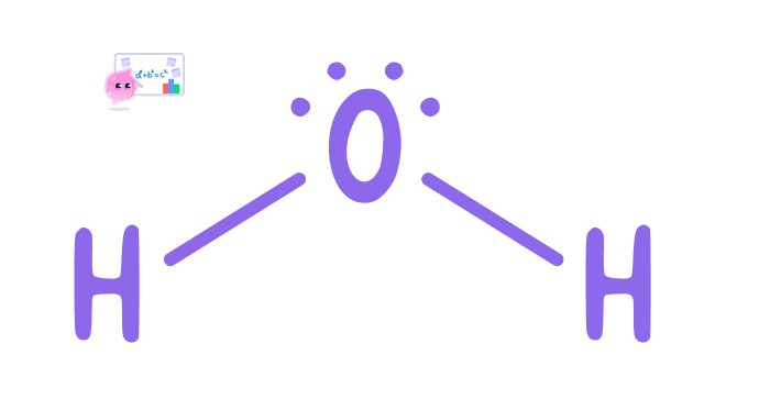Lewis structure of a water molecule, showing a central oxygen atom bonded to two hydrogen atoms with two lone pairs of electrons on the oxygen atom.