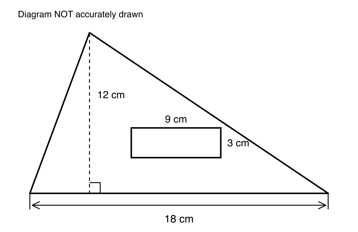 A triangle with base 18 cm and perpendicular height 12 cm, containing a rectangular window measuring 9 cm by 3 cm.