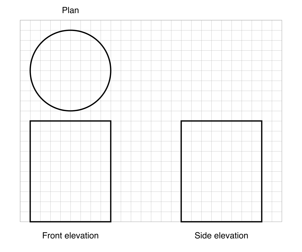 Centimetre grid showing a circular plan above the front elevation, with the matching side elevation to the right. The circle is 8 squares in diameter and each rectangle is 8 squares wide by 10 squares high.