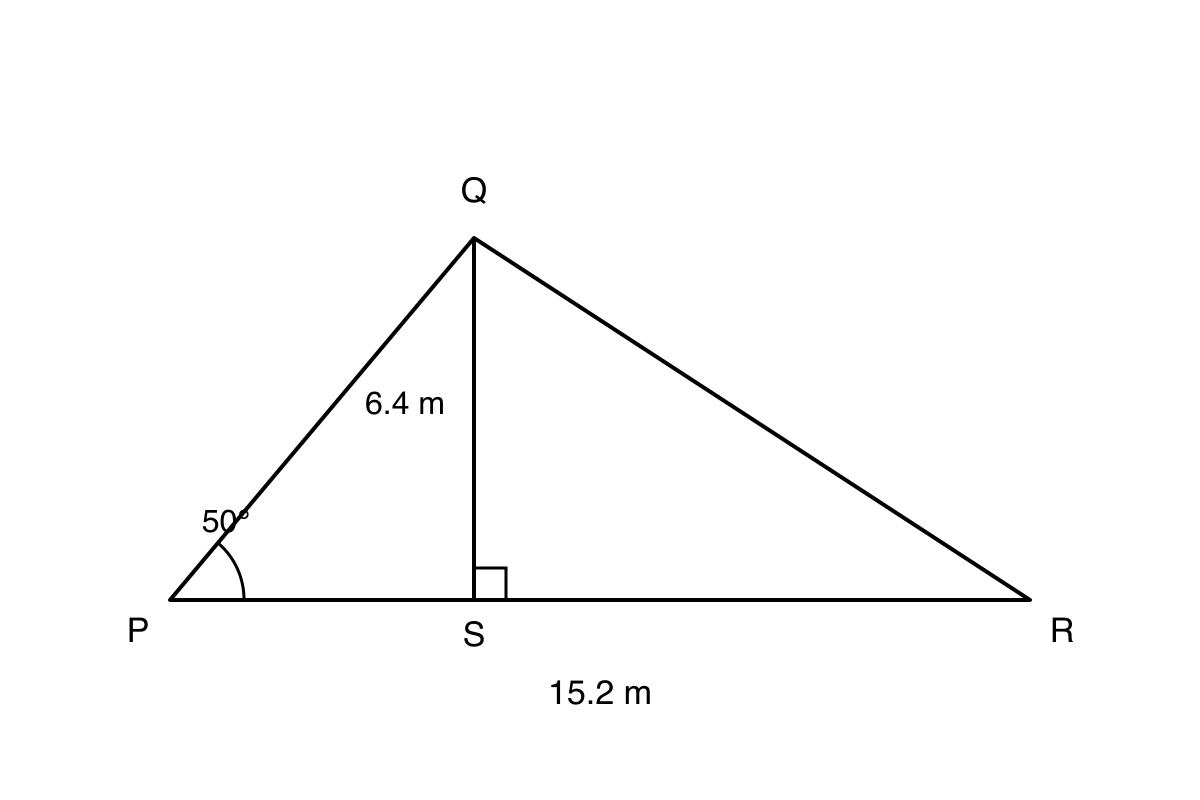 Triangle PQR with S on PR, perpendicular height QS of 6.4 m, base PR of 15.2 m, and angle QPS equal to 50 degrees.