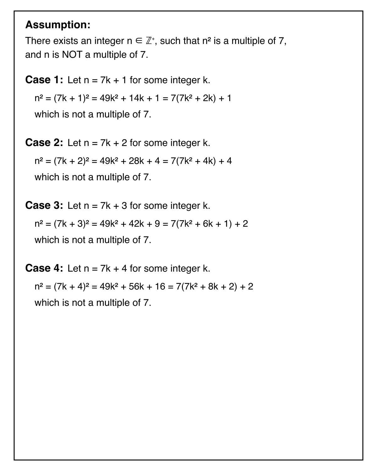 A boxed start of a proof by contradiction, giving the assumption and calculations for the first four possible non-zero remainders when n is divided by 7.