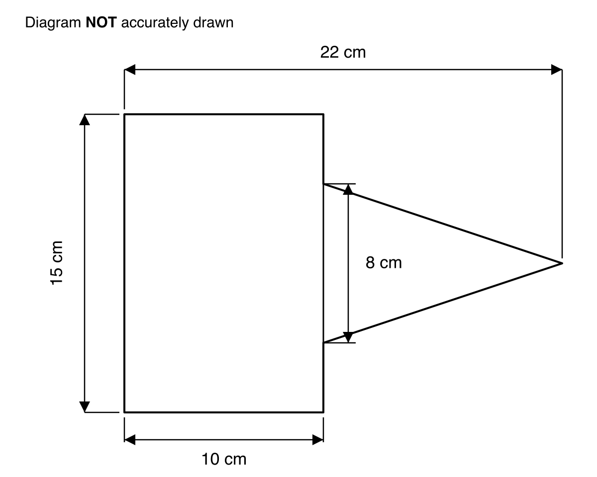 A metal plate made from a 10 cm by 15 cm rectangle with a triangular part attached on the right. The plate has a total width of 22 cm and the vertical side of the triangular part is 8 cm.