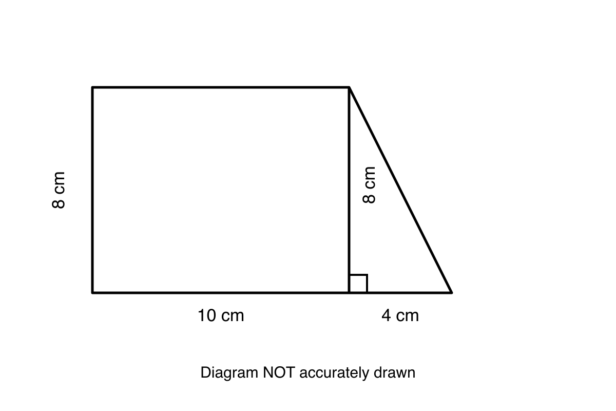 Composite shape consisting of a 10 cm by 8 cm rectangle and an attached right-angled triangle with base 4 cm and height 8 cm.