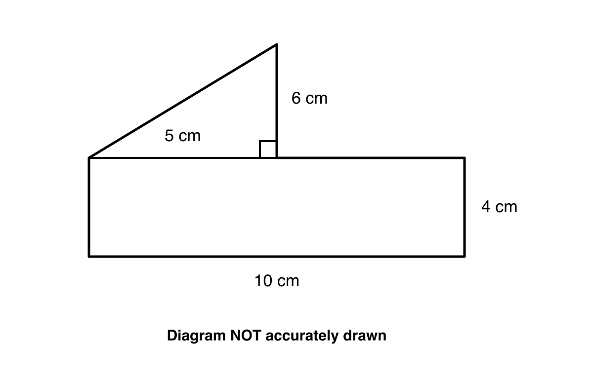 A six-sided wooden plaque formed from a 10 cm by 4 cm rectangle and a right-angled triangle with base 5 cm and height 6 cm.
