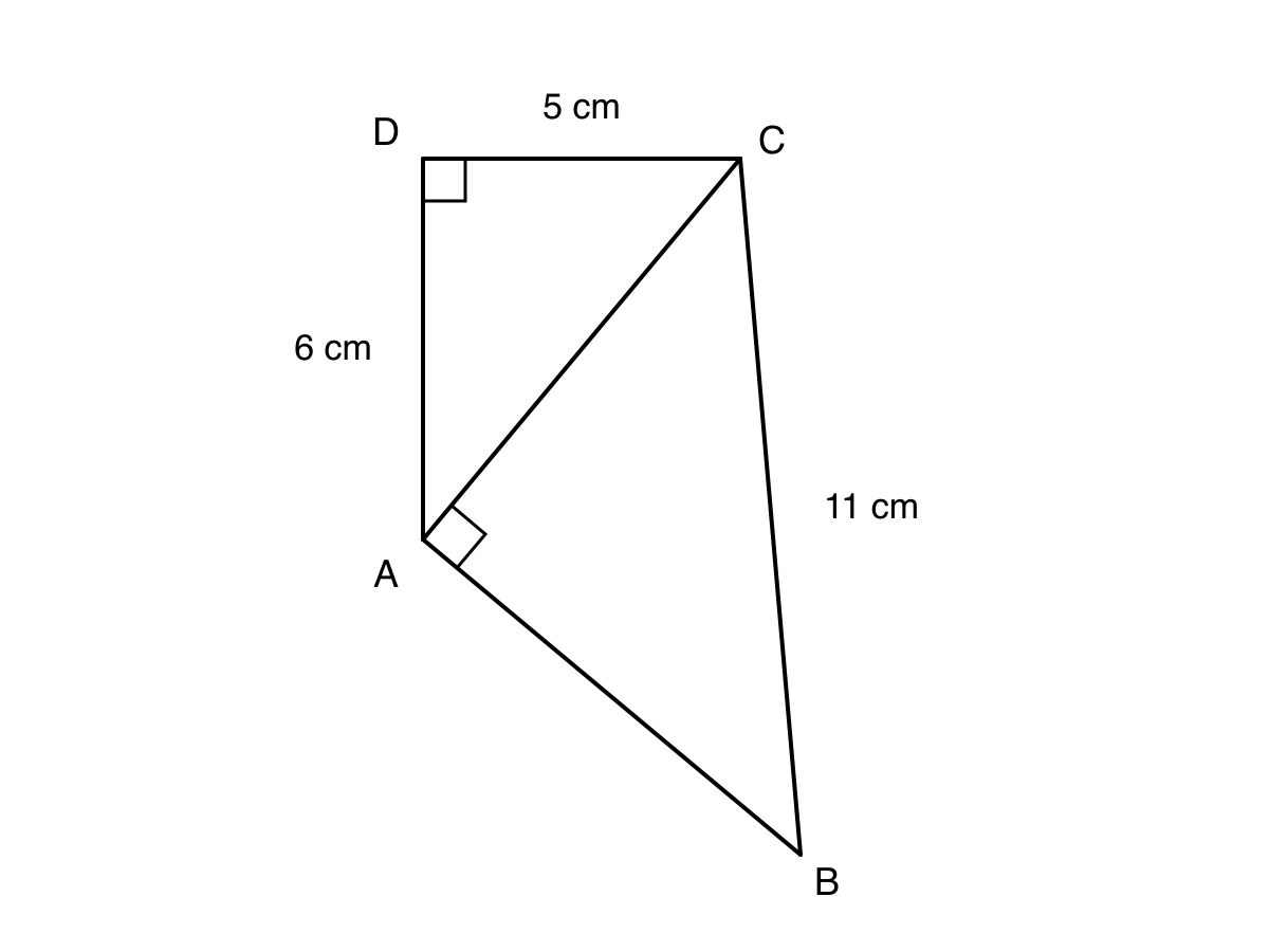 Two right-angled triangles ADC and ABC sharing side AC, with AD 6 cm, DC 5 cm and BC 11 cm.
