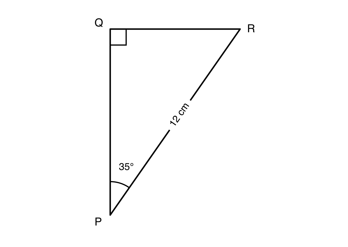 Right-angled triangle PQR with right angle at Q, angle P equal to 35 degrees, and hypotenuse PR labelled 12 cm.