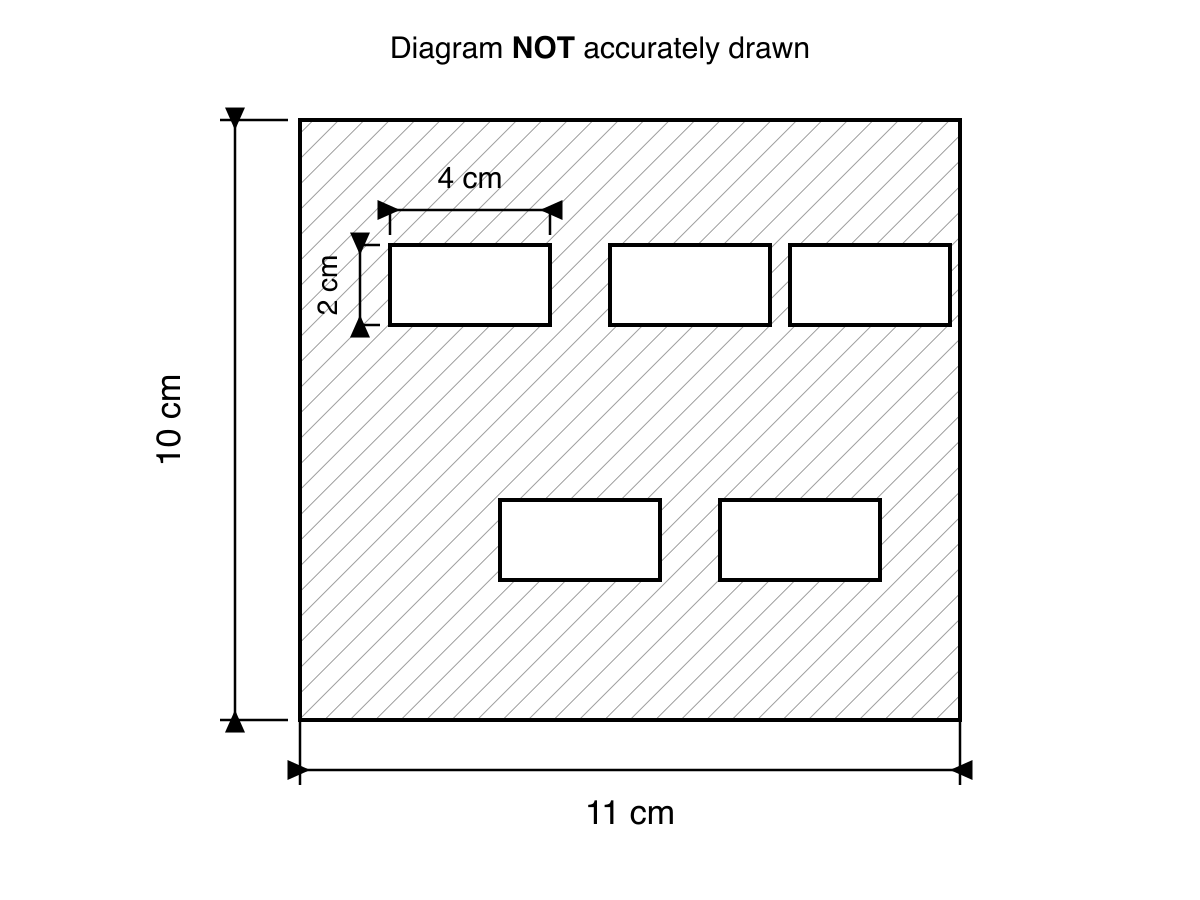 Hatched 11 cm by 10 cm rectangle containing five unshaded 4 cm by 2 cm rectangles.