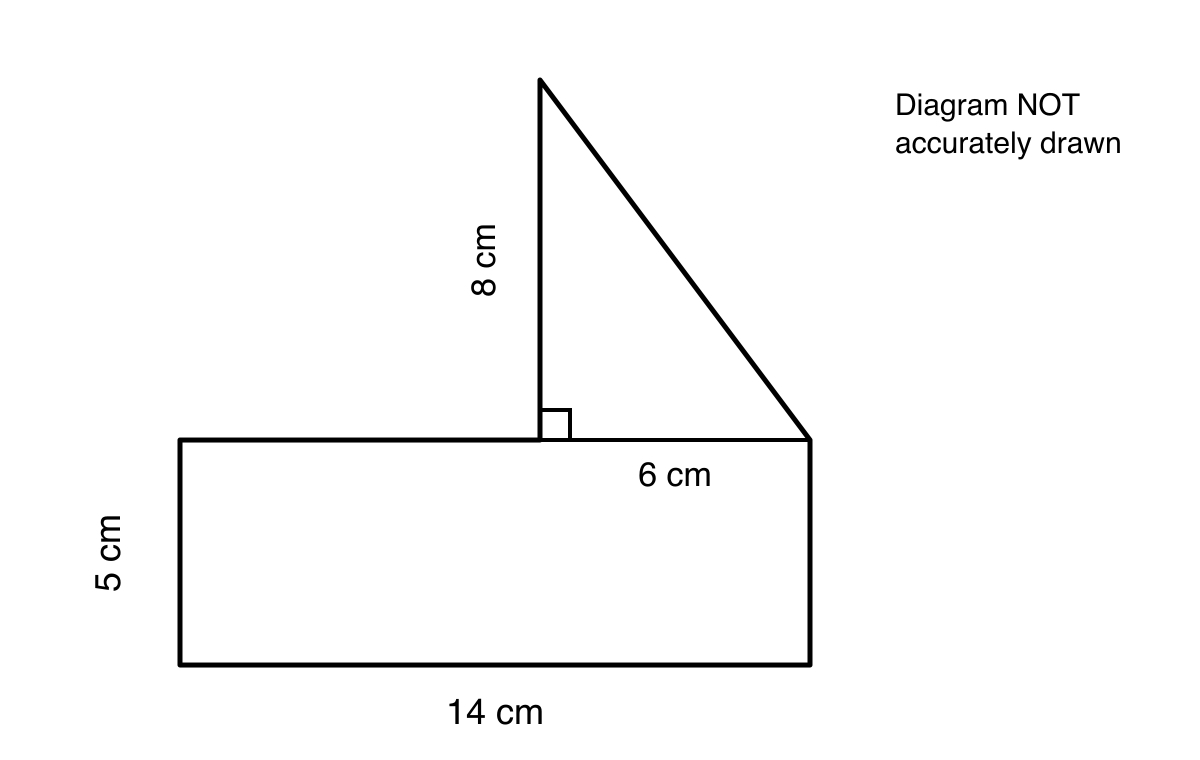 Six-sided plastic stencil formed from a 14 cm by 5 cm rectangle and a right-angled triangle with base 6 cm and height 8 cm.