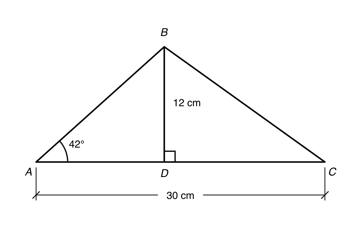 Triangle ABC with base AC, altitude BD perpendicular to AC at D, BD labelled 12 cm, AC labelled 30 cm, and angle BAD labelled 42 degrees.