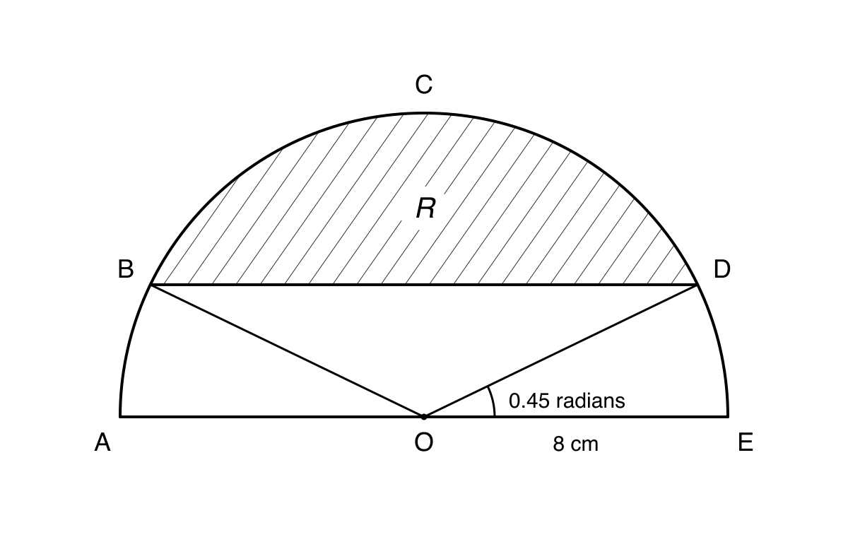 Semicircular glass panel with diameter AOE, horizontal chord BD, centre O, angle DOE of 0.45 radians, radius 8 cm, and shaded segment R bounded by chord BD and arc BCD.