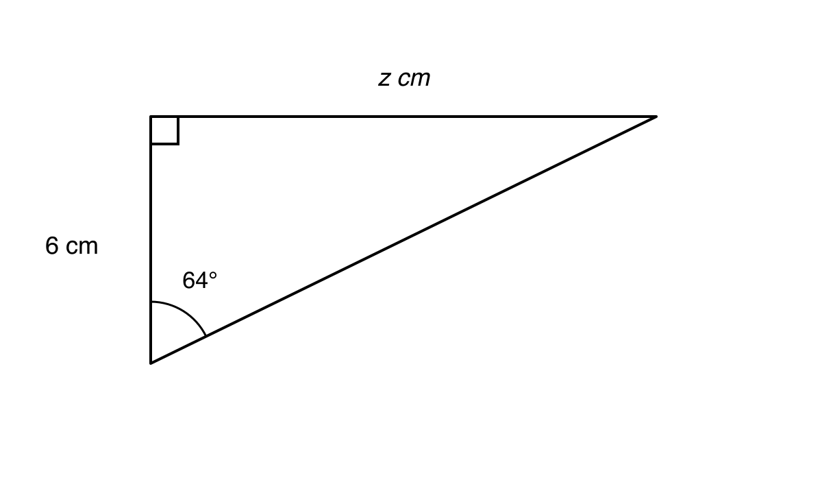 Right-angled triangle with vertical side 6 cm, horizontal side z cm, a right angle at the top left, and a 64 degree angle at the bottom left.