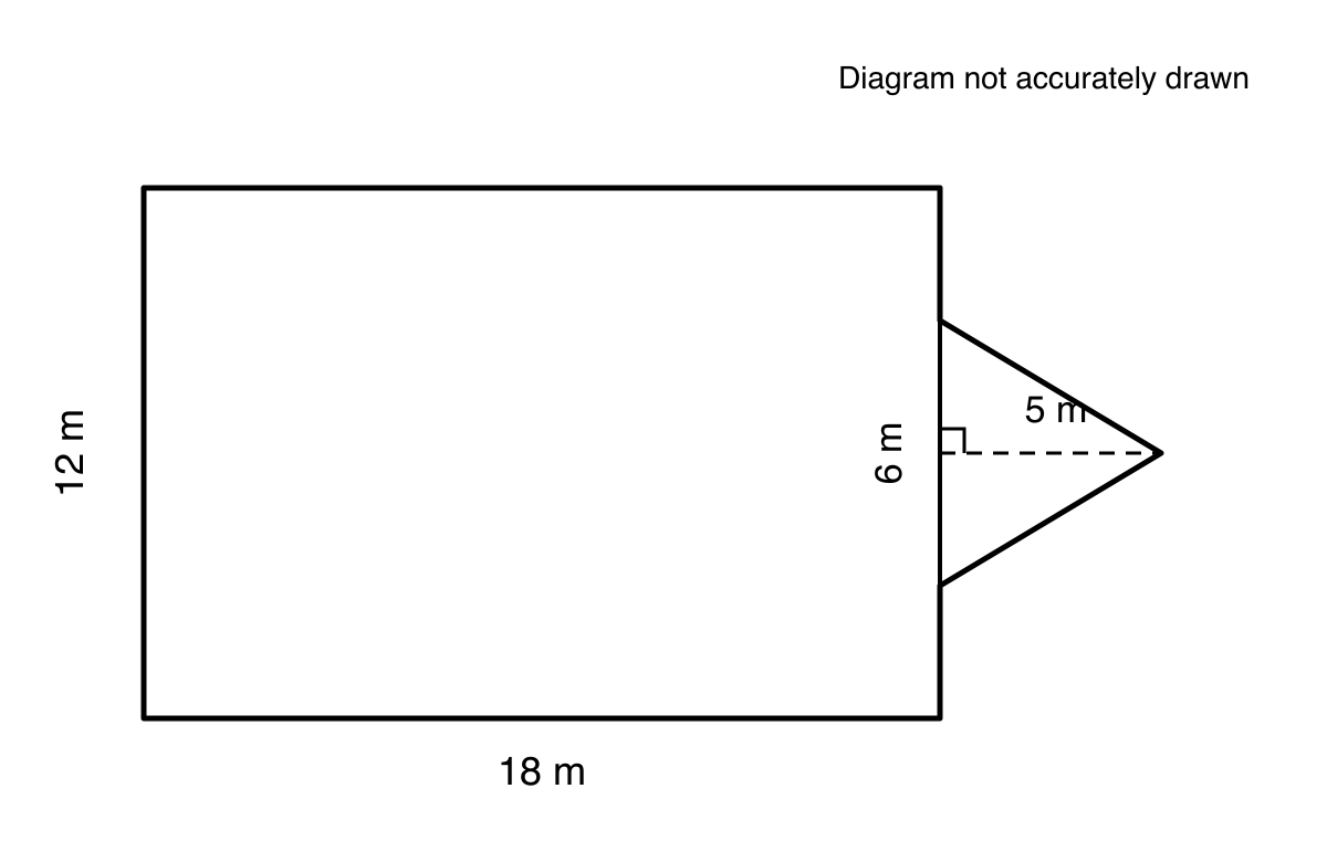 Plan of a paved yard formed from an 18 m by 12 m rectangle and an attached triangle with base 6 m and perpendicular height 5 m.