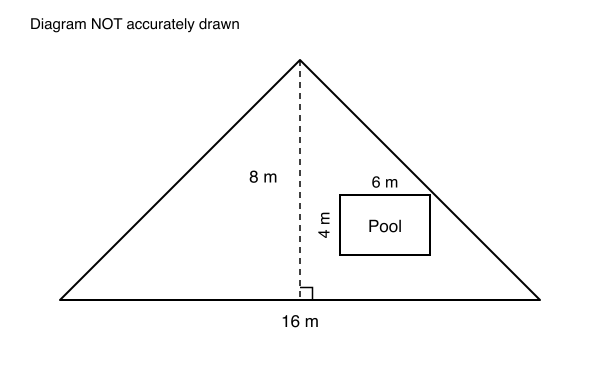 Triangular patio with base 16 m and perpendicular height 8 m, containing a rectangular 6 m by 4 m pool.