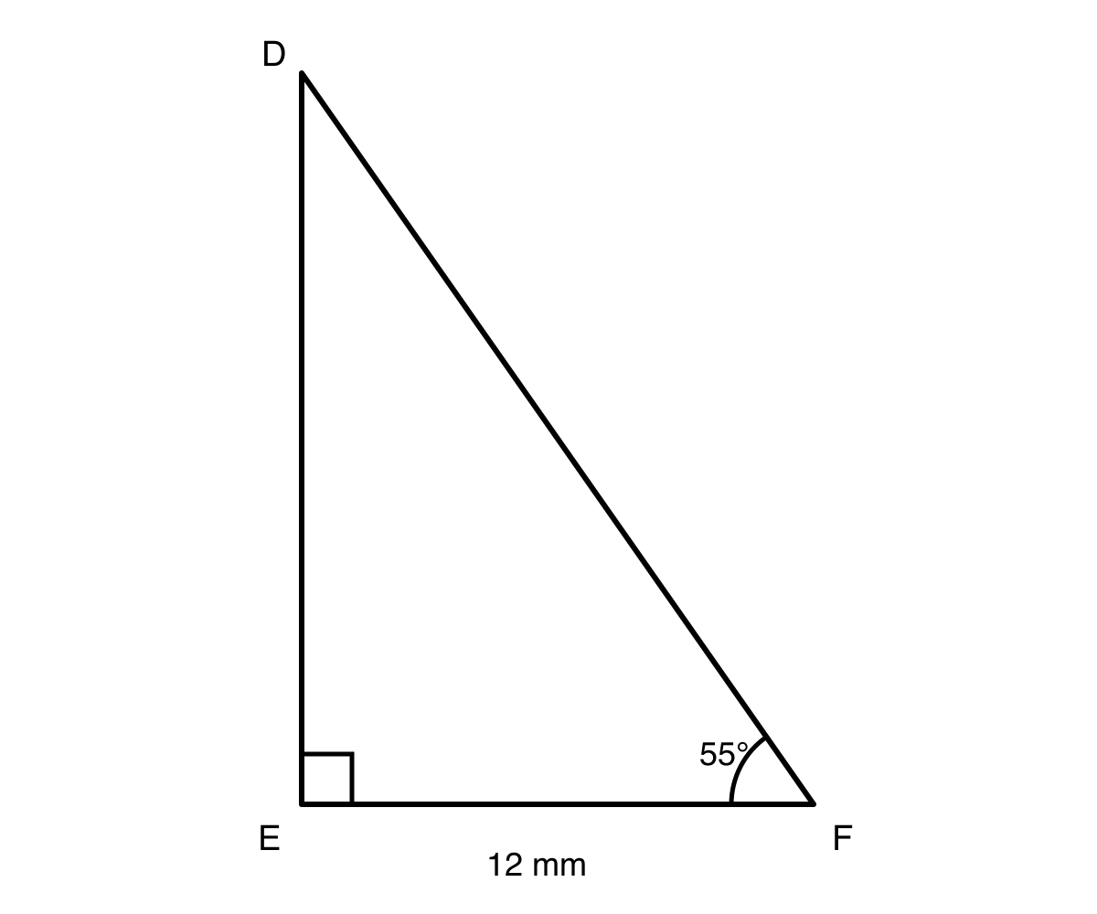Right-angled triangle DEF with right angle at E, angle F equal to 55 degrees, and base EF equal to 12 millimetres.