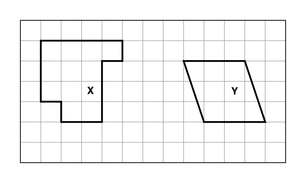 Shapes X and Y drawn on a square grid with one-centimetre squares. X is an irregular rectilinear shape and Y is a parallelogram.
