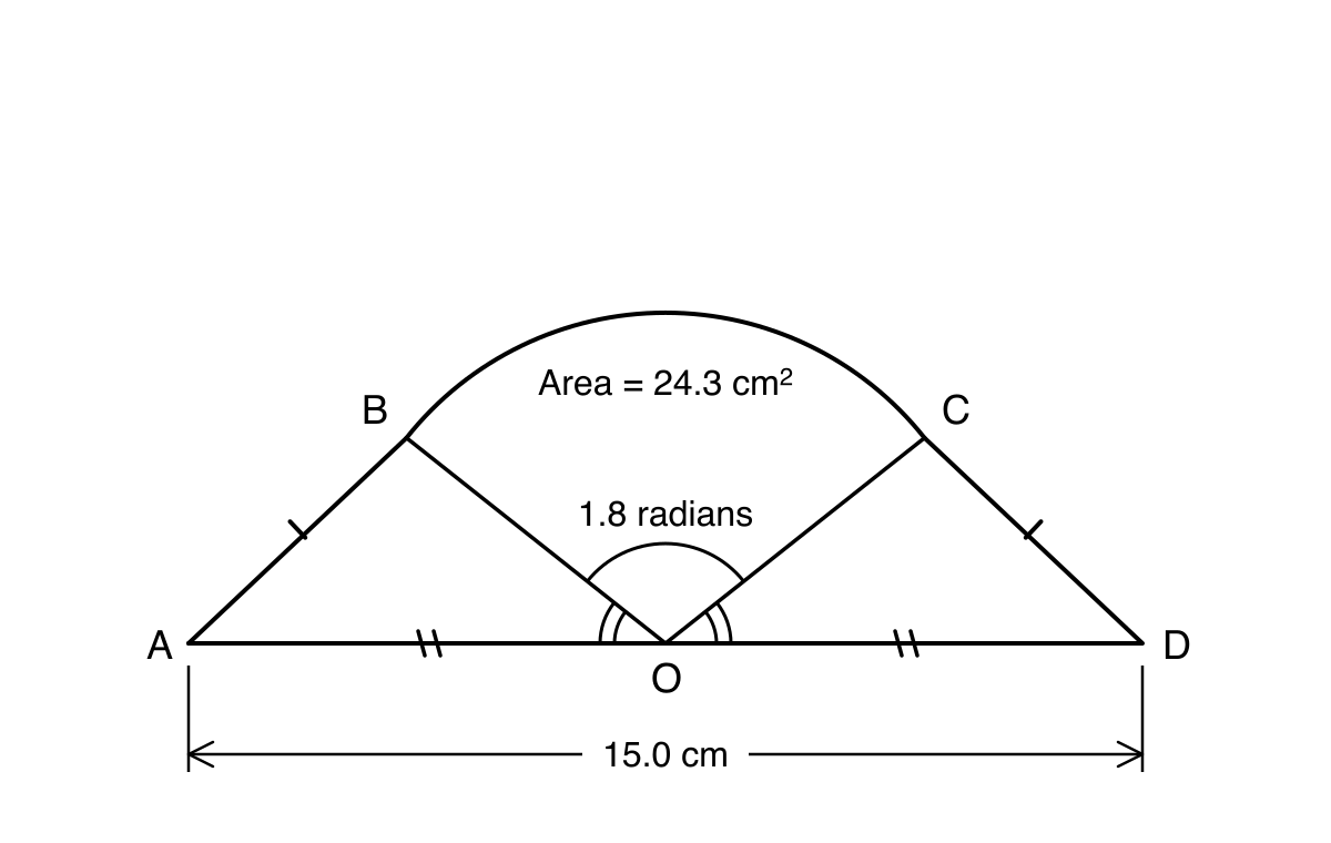 Diagram of a stained-glass panel formed by sector OBC between two congruent triangles OAB and ODC, with straight base AD.