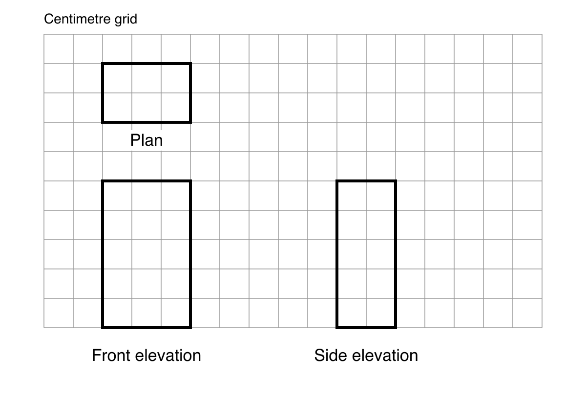 Centimetre grid showing a 3 cm by 2 cm plan, a 3 cm by 5 cm front elevation, and a 2 cm by 5 cm side elevation.