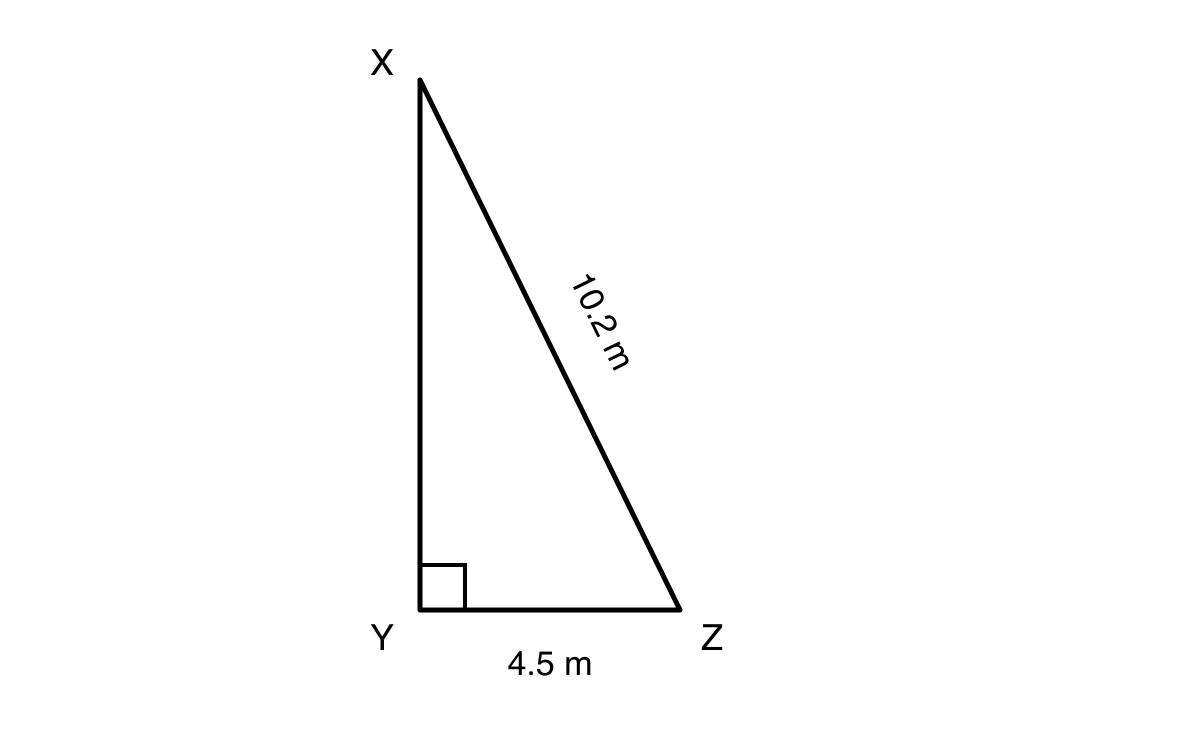 Right-angled triangle XYZ with right angle at Y, horizontal side YZ labelled 4.5 m, and hypotenuse XZ labelled 10.2 m.