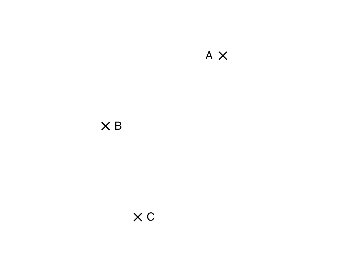 Map showing point A above and to the right of points B and C, with B above and to the left of C.
