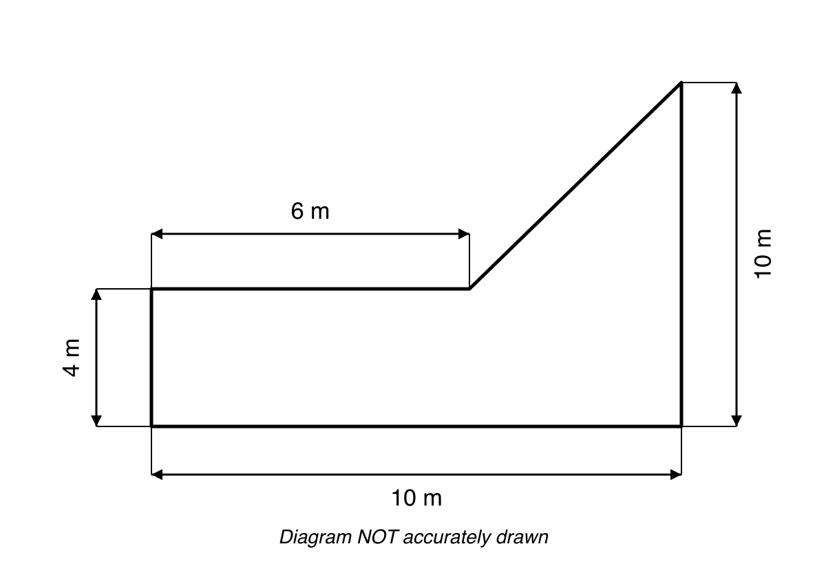 Diagram of the side wall of a building with a 10 m bottom edge, 4 m left edge, 10 m right edge, and a 6 m horizontal top section followed by a slanted section.