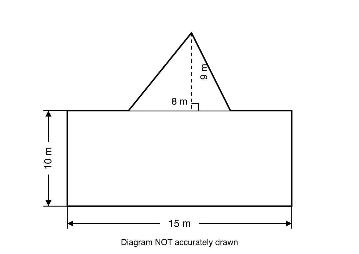 Office floor plan formed from a 15 m by 10 m rectangle with an attached triangle of base 8 m and perpendicular height 9 m.