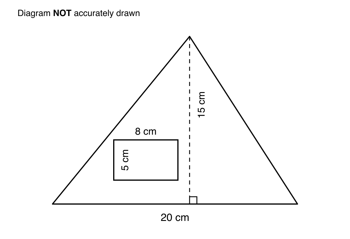 Triangle metal plate with a base of 20 cm, a perpendicular height of 15 cm, and an internal rectangular hole measuring 8 cm by 5 cm.