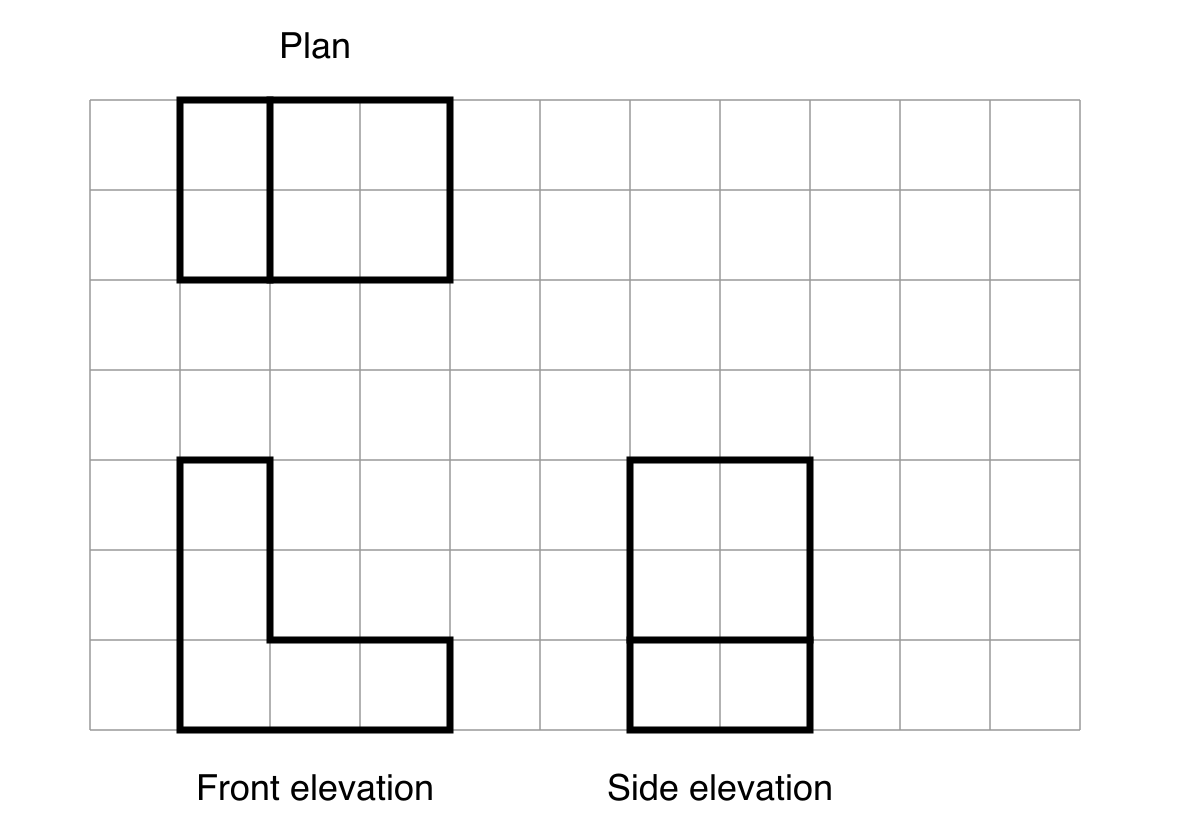 Centimetre grid showing the plan, L-shaped front elevation and rectangular side elevation of the metal bracket.