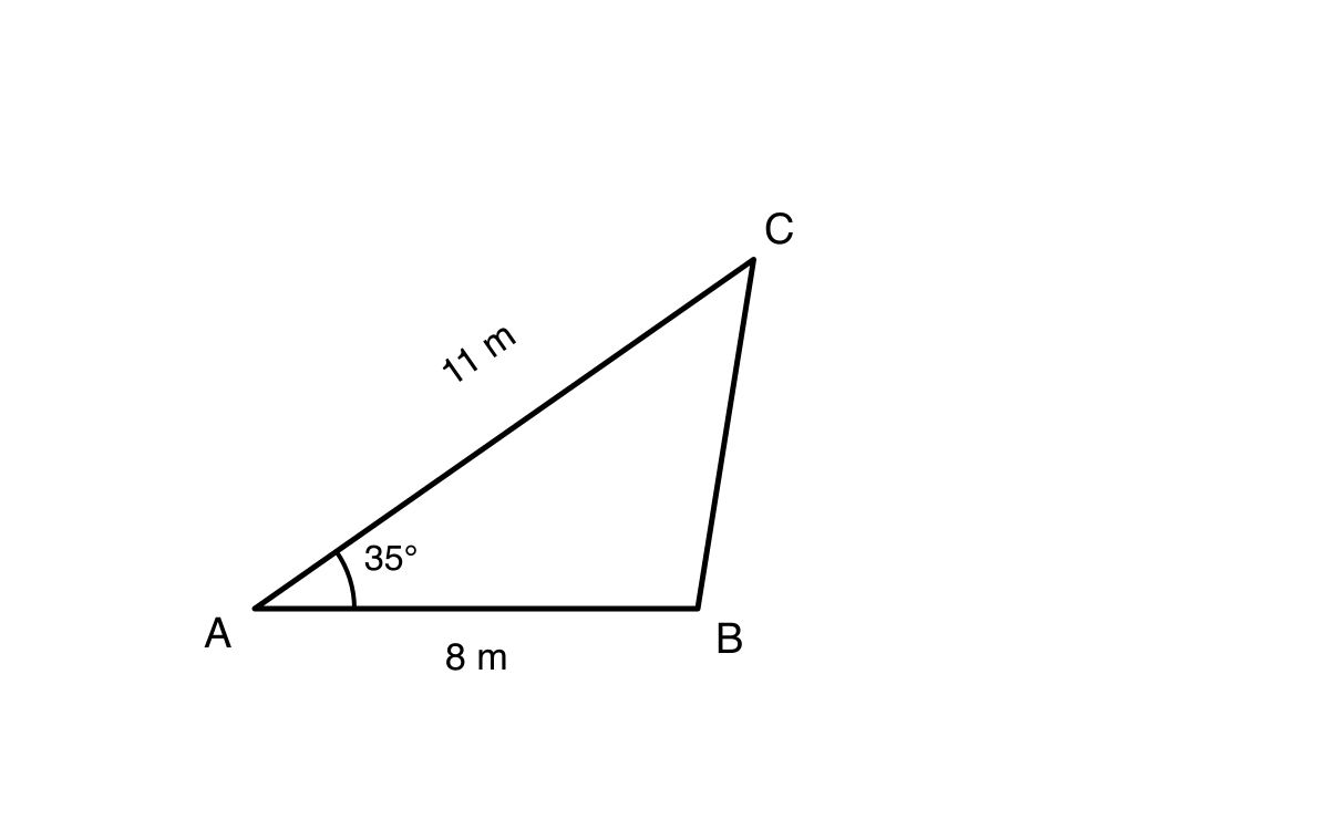 Triangle ABC with AB labelled 8 m, AC labelled 11 m, and angle BAC labelled 35 degrees.