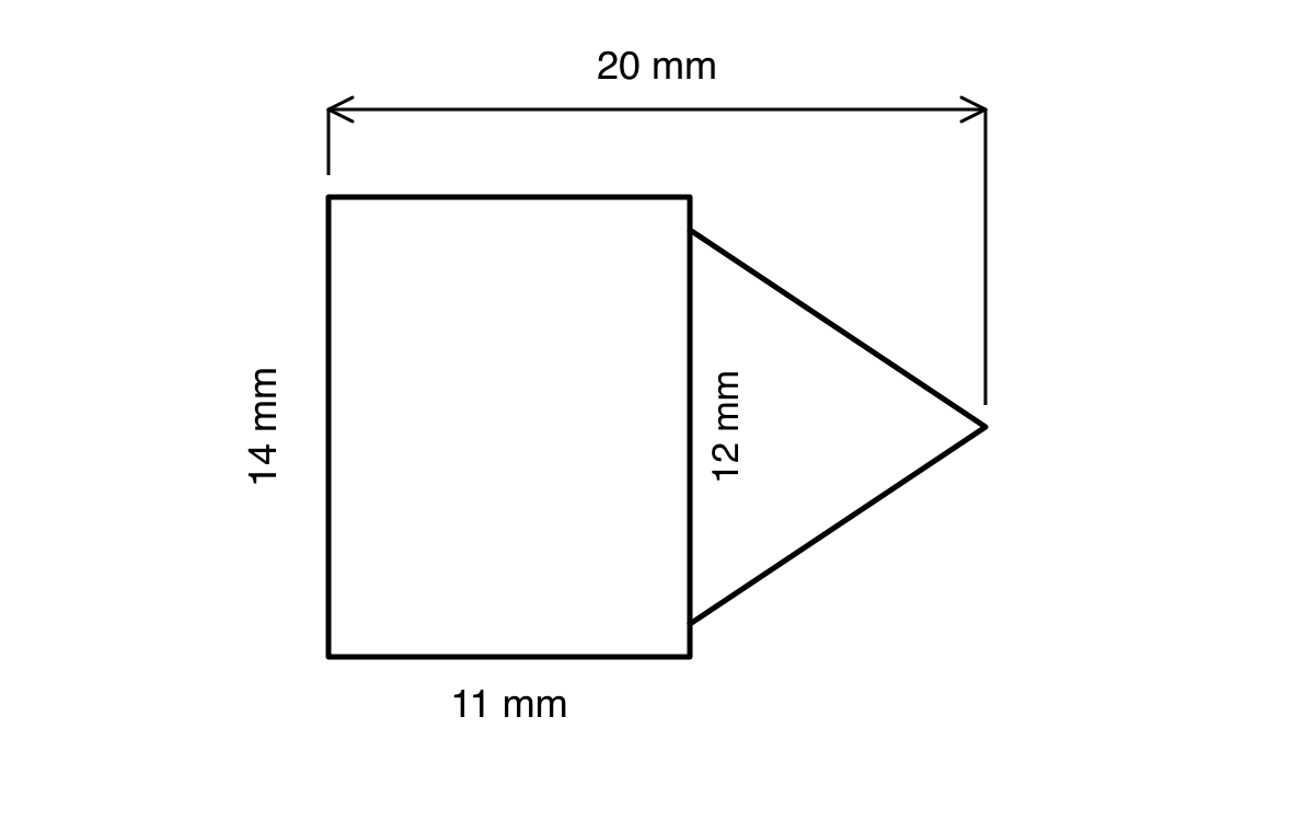 Composite front face formed from an 11 mm by 14 mm rectangle and a triangle with vertical height 12 mm, with total width 20 mm.