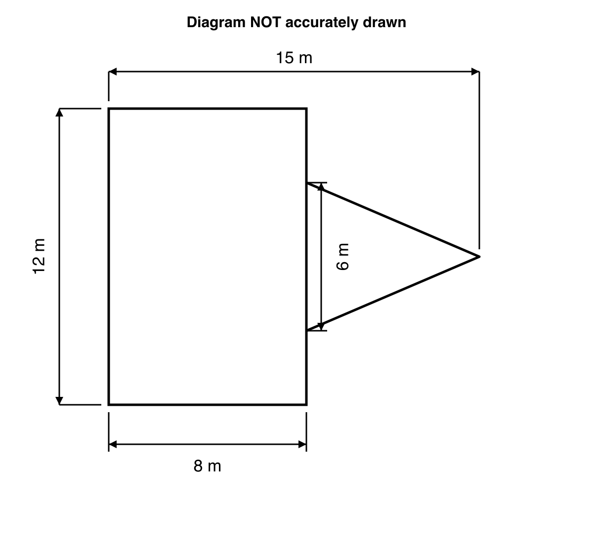 Plan of a playground made from a 12 m by 8 m rectangle and an attached triangular part of vertical height 6 m, with total width 15 m.