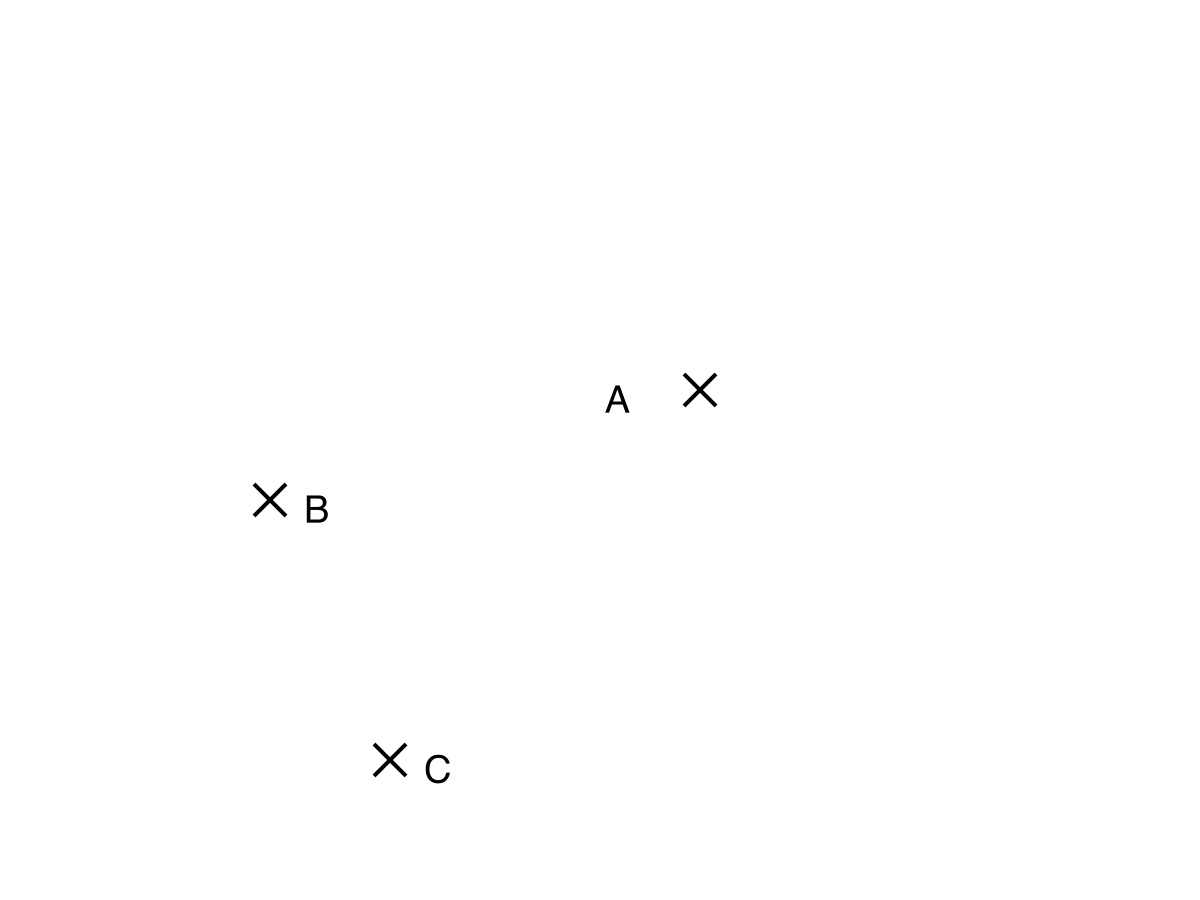 Map showing tree A at the upper right, tree B at the middle left, and tree C below B.
