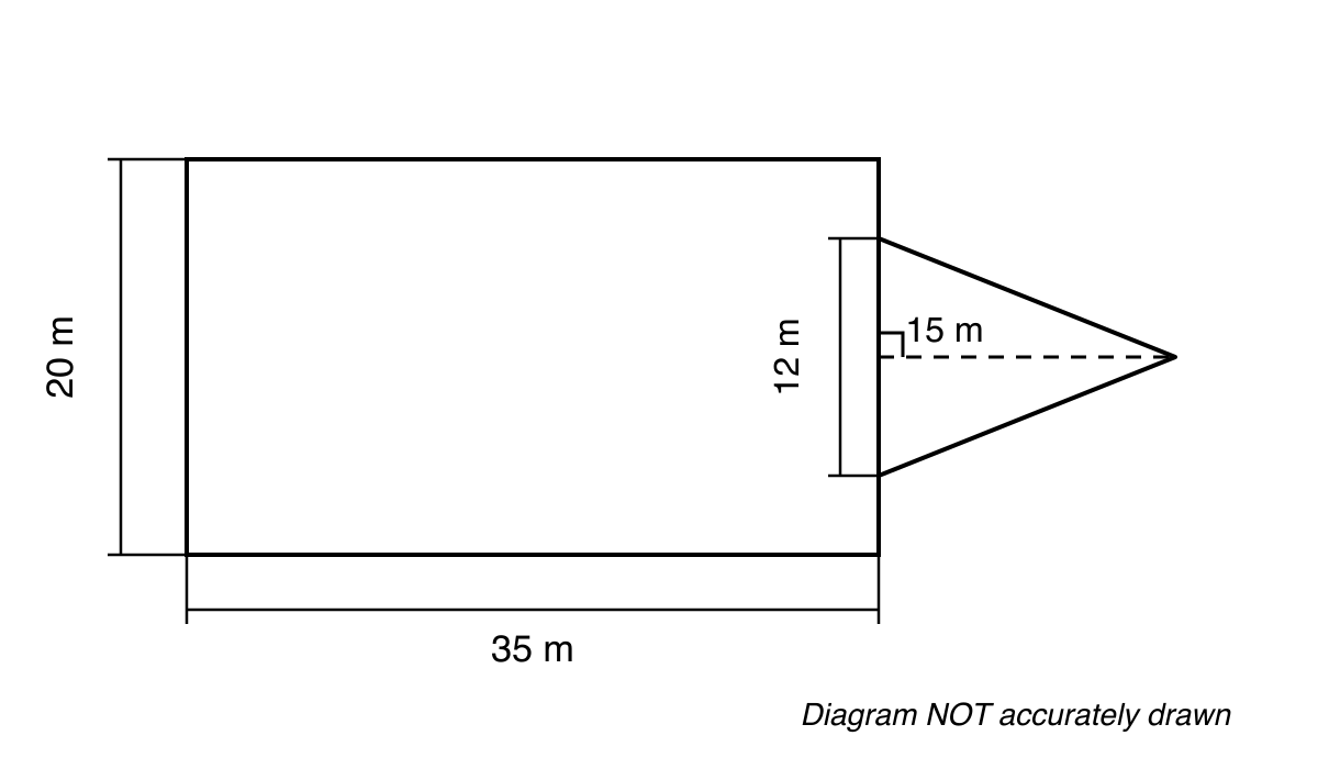 Plan of a garden formed by a 35 m by 20 m rectangle and an attached triangle with base 12 m and dashed perpendicular height 15 m.