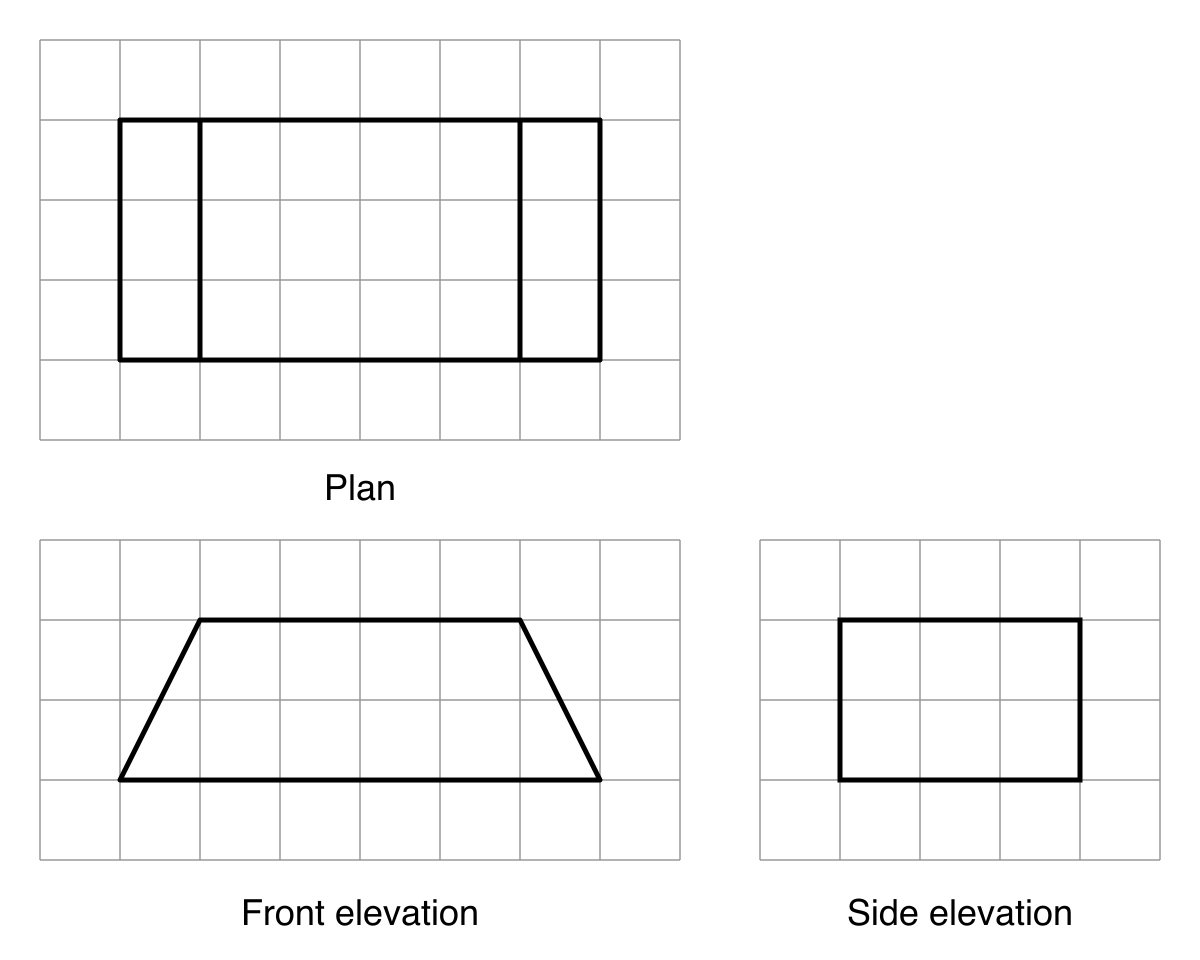 Centimetre-grid diagrams showing the plan, front elevation and side elevation of the concrete block.