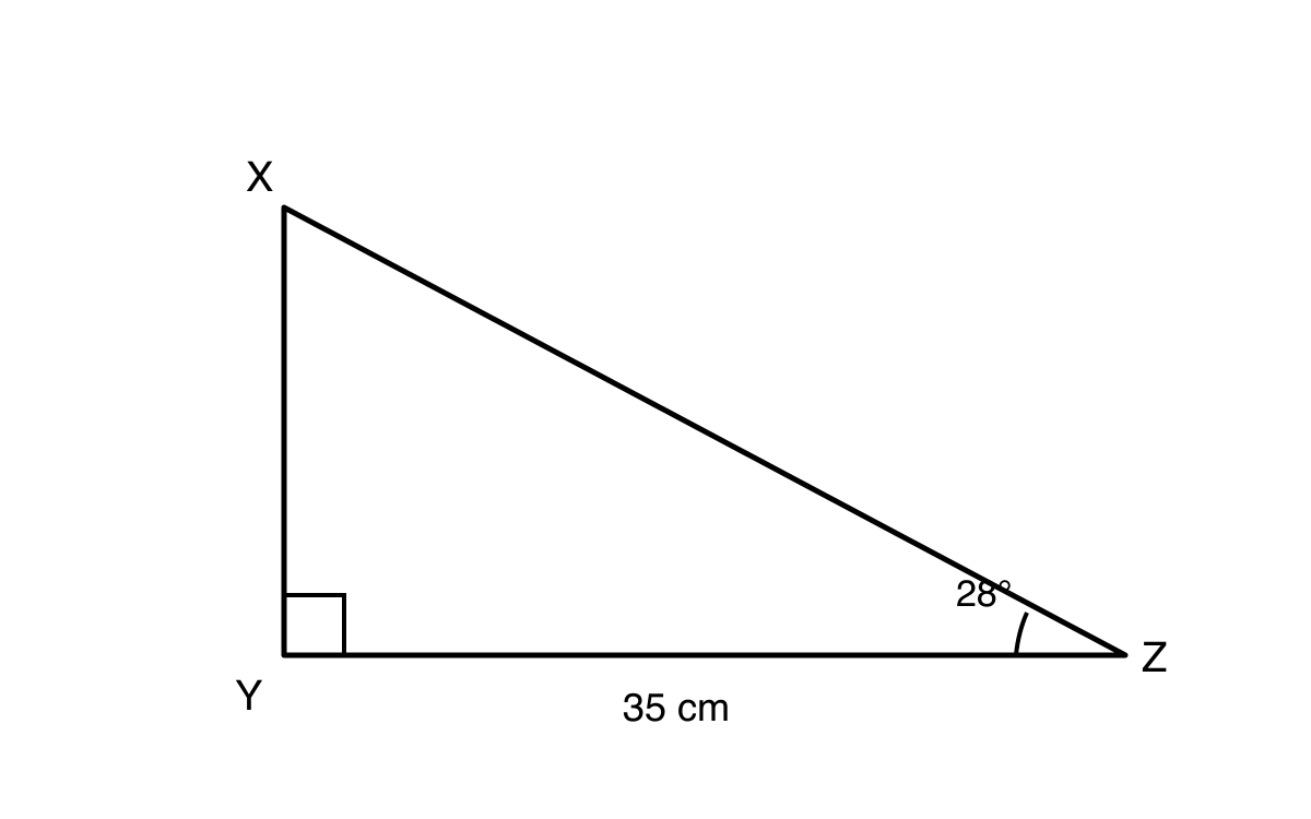 Right-angled triangle XYZ with right angle at Y, angle Z equal to 28 degrees, and YZ equal to 35 cm.