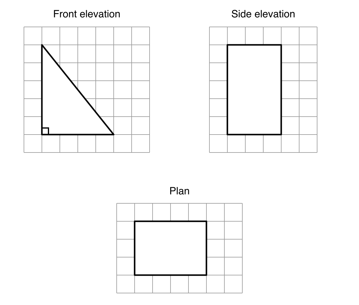 Centimetre grids showing a triangular front elevation, rectangular side elevation and rectangular plan of a doorstop, with no dimension annotations.